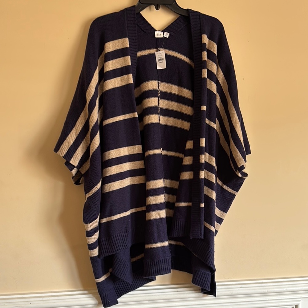 NWT Gap Open Front Stripe Poncho One Size in Blue and‎ Brown/Cream - Picture 3 of 7